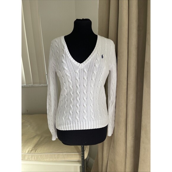 RALPH LAUREN SPORT WOMEN CABLE KNIT SWEATER V NECK COTTON White M - Picture 8 of 10